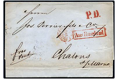 1855. Ufrankeret francobrev ærket P.D. med rammestempel Aus Russland og på bagsiden rammestempel St. Petersbourg d. 12.3.1855 via Paris til Chalons s/Marne, Frankrig. Fuldt indhold.