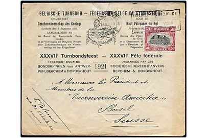 50 c. på fortrykt illustreret kuvert fra det Belgiske Gymnastikforbund i Antwerpen d. 16.4.1921 til Basel, Schweiz. På bagsiden gymnastik mærkat.