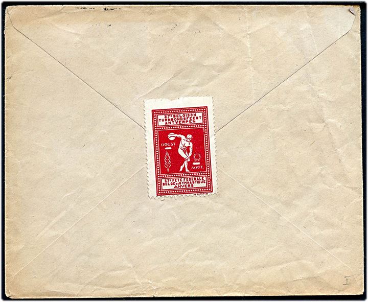 50 c. på fortrykt illustreret kuvert fra det Belgiske Gymnastikforbund i Antwerpen d. 16.4.1921 til Basel, Schweiz. På bagsiden gymnastik mærkat.