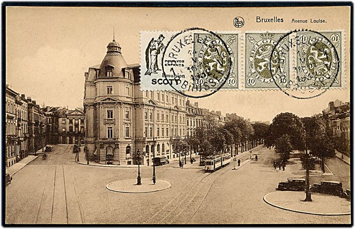10 c. Løve i tête-bêche 3-stribe med reklamemærke på billedside af uadresseret brevkort fra Bruxelles d. 14.5.1932. 