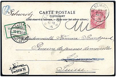 10 c. Leopold II på brevkort fra Alsember d. 25.4.1905 til Lausanne, Schweiz. Retur som ubekendt med 2-sproget returetiket.