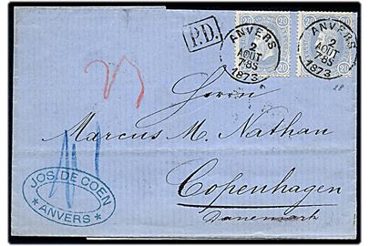 20 c. Leopold III (2) på brev fra Anvers d. 2.8.1873 til København, Danmark.