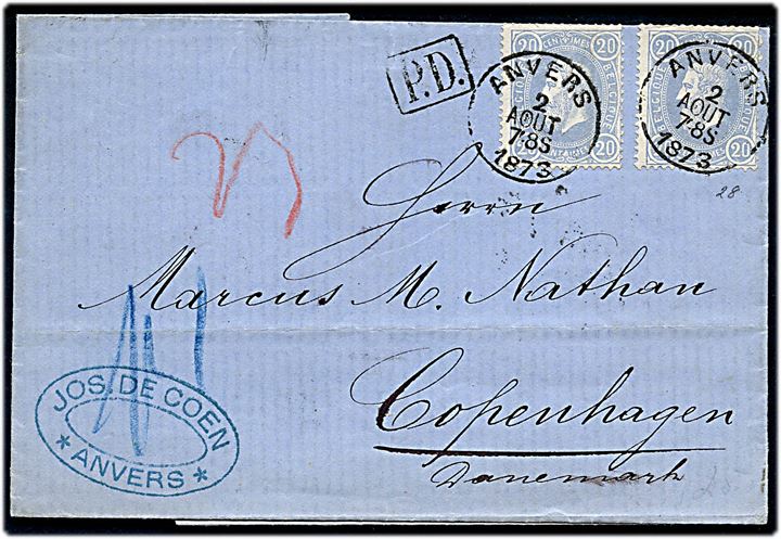 20 c. Leopold III (2) på brev fra Anvers d. 2.8.1873 til København, Danmark.