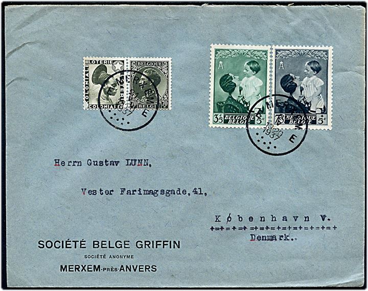 70 c. Leopold III og Kolonial Lotteri reklamemærke i sammentryk, samt 35+5 c og 75+5 c. Dr. Astrid Mineudg. på brev fra Merxem d. 21.5.1937 til København, Danmark.