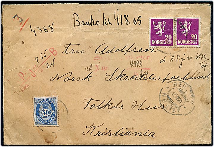 20 øre Løve (2) og 40 øre Posthorn på bankobrev fra Bergen Nøstet d. 13.6.1924 til kristiania. På bagsiden 2 laksegl: Bergen Nøstet.