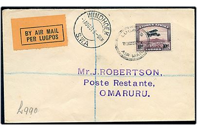 10d Luftpost single på filatelistisk flyvningskuvert annulleret Lugpos/Air Mail Windhoek og sidestemplet Windhoek d. 1.8.1931 til Omaruru.