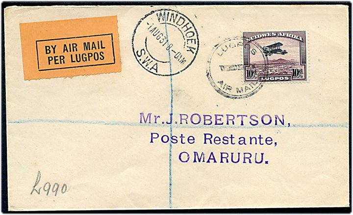 10d Luftpost single på filatelistisk flyvningskuvert annulleret Lugpos/Air Mail Windhoek og sidestemplet Windhoek d. 1.8.1931 til Omaruru.