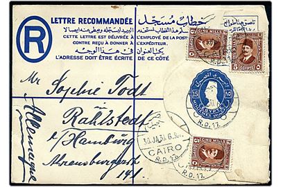 15 mills anbefalet helsagskuvert opfrankeret med 5 mills (3) fra Cairo d. 30.1.1930 til Rahlstedt, Tyskland.