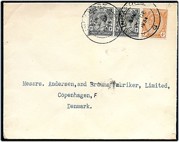 1 c. (par) og 4 c. George V på brev fra Singapore d. 20.12.1934 til København, Danmark.