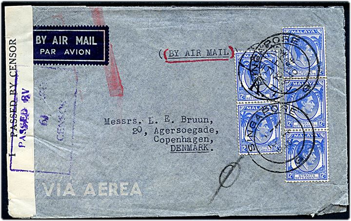12 c. George VI (5) på luftpostbrev fra Singapore d. 12.2.1940 til København, Danmark. Åbnet af lokal britisk censur. Luftpost markering annulleret i London med rødt stempel.