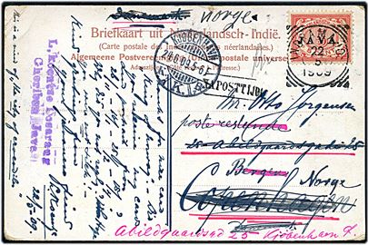 1 c. og 5 c. JAVA provisorium på for- og bagside af brevkort fra Indramajos d. 18.5.1909 med sidestempel Na Posttijde til København, Danmark - eftersendt til poste restante i Bergen, Norge og efterfølgende eftersendt til København.