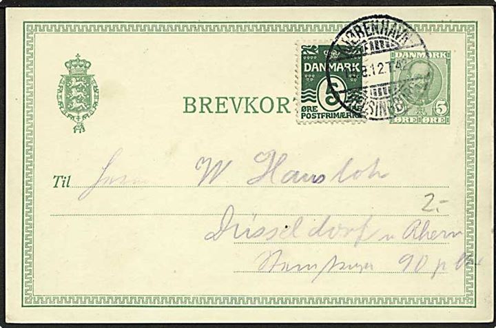 5 øre Fr. VIII helsagsbrevkort opfrankeret 5 øre Bølgelinie fra København annulleret med bureaustempel Kjøbenhavn - Helsingborg T.427 d. 15.8.1912 til Düsseldorf, Tyskland.