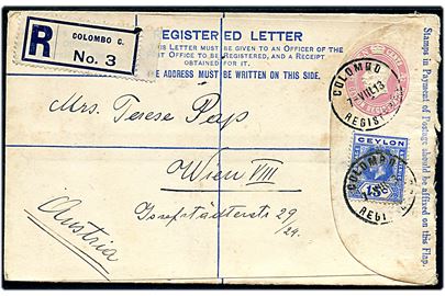 10 c. George V anbefalet helsagskuvert opfrankeret med 15 c. George V fra Colombo d. 7.8.1913 via Napoli til Wien, Østrig.
