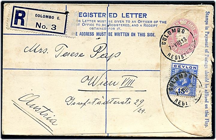 10 c. George V anbefalet helsagskuvert opfrankeret med 15 c. George V fra Colombo d. 7.8.1913 via Napoli til Wien, Østrig.