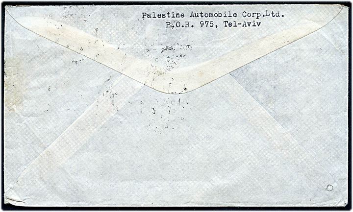 10 mills og 15 mills (4-stribe) på luftpostbrev fra Tel-Aviv d. 22.11.1945 til Stockholm, Sverige. Rødt O.A.T. (Onward Air Transmission) luftpost stempel fra London.