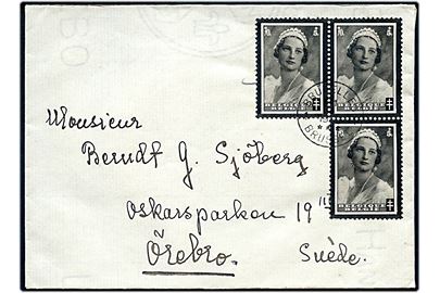 70+5 c. Dr. Astrid sørgeudg. (3) på brev fra Bruxelles med uklar dato til Örebro, Sverige. Den belgiske dronning Astrid (svensk født) omkom ved en bilulykke i Schweiz d. 29.8.1935.