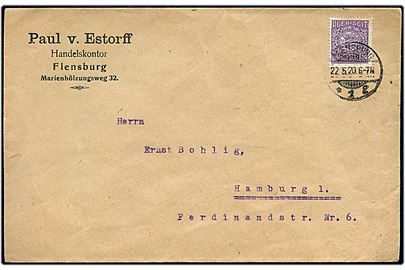 40 pfg. Fælles udg. single på brev fra Flensburg d. 22.5.1920 til Hamburg.