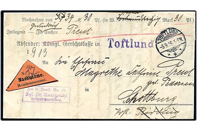 Ufrankeret tjenestebrev med postopkrævning stemplet Toftlund *** d. 5.9.1916 til Schottburg.