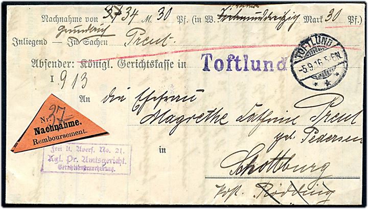 Ufrankeret tjenestebrev med postopkrævning stemplet Toftlund *** d. 5.9.1916 til Schottburg.