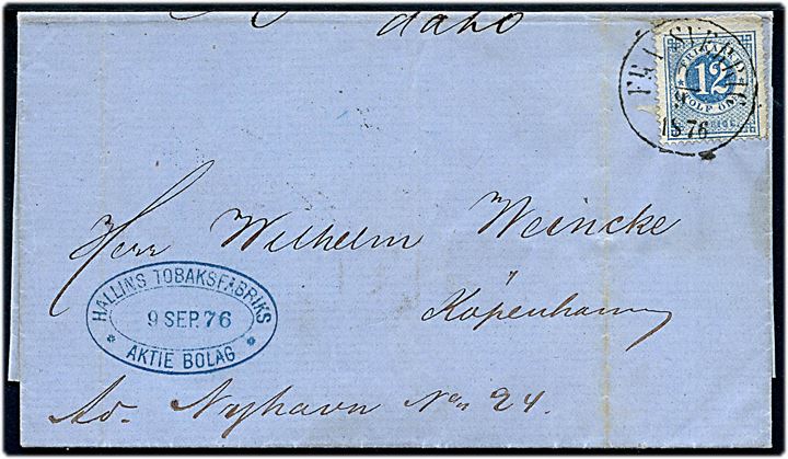 12 öre Ringtype på brev fra Malmö annulleret med antiqua skibsstempel Fra Sverige d. 8.9.1876 til Kjøbenhavn, Danmark.