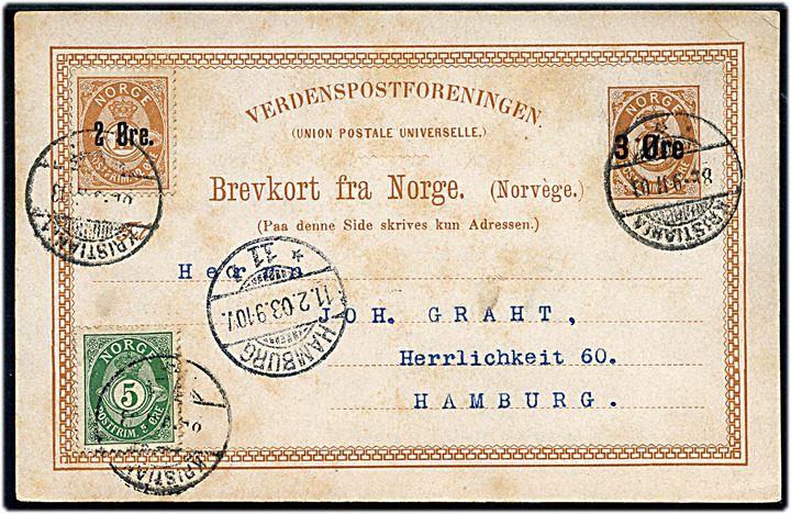 3/6 øre provisorisk helsagsbrevkort opfrankeret med 2/12 øre Provisorium og 5 øre Posthorn fra Kristiania d. 9.2.1903 til Hamburg, Tyskland.