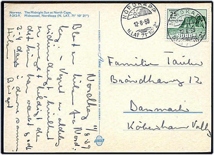 25+10 øre Nordkap udg. på brevkort annulleret med særstempel Nordkapp d. 12.8.1959 til København, Danmark.