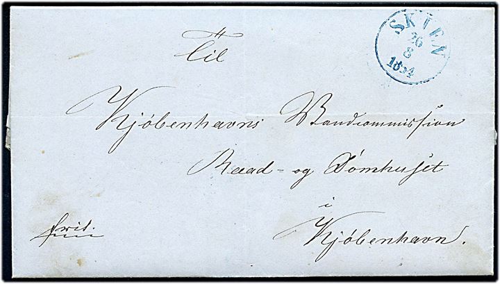 1854. Francobrev med langt indhold dateret Jønnevald d. 22.8.1854 med blåt antiqua Skien d. 26.8.1854 til Kjøbenhavns Brandcommission, Kjøbenhavn, Danmark.