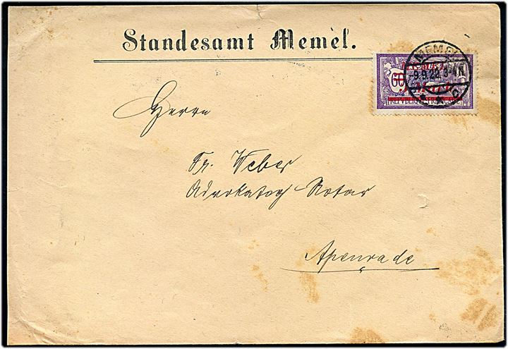 3 mk./60 c. Memel provisorium single på brev fra Standesamt Memel stemplet Memel d. 9.9.1922 til Apenrade, Danmark. På bagsiden ank.stemplet brotype IVb Aabenraa sn1 d. 11.9.1933 (Fejlindstillet årstal).