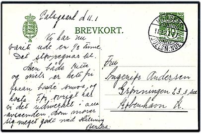 10 øre helsagsbrevkort (fabr. 84-H) dateret Palsgaard og annulleret med bureaustempel Horsens - Juelsminde T.7 d. 11.1.1927 til København.