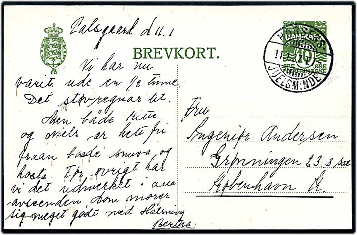 10 øre helsagsbrevkort (fabr. 84-H) dateret Palsgaard og annulleret med bureaustempel Horsens - Juelsminde T.7 d. 11.1.1927 til København.
