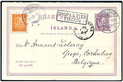 8 aur Chr. IX dobbelt helsagsbrevkort opfrankeret med 3 aur Chr. IX fra Reykjavik d. 10.10.1906 med skibsstempel Ship Letter Troon til Cortenberg, Belgien. Vedhængende ubenyttet svardel. Uden meddelelse.