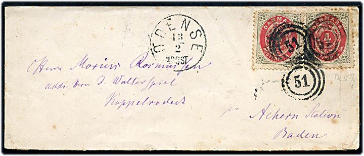 4 sk. Tofarvet (2) linietakket på brev annulleret med nr.stempel 51 og sidestemplet lapidar Odense d. 13.2.187x til Achern, Baden, Tyskland.