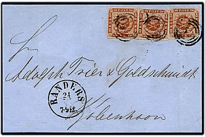 4 sk. stukken kant (3) på brev annulleret med svagt nr.stempel 53 og sidestemplet antiqua Randers d. 24.5.1867 til Kjøbenhavn.
