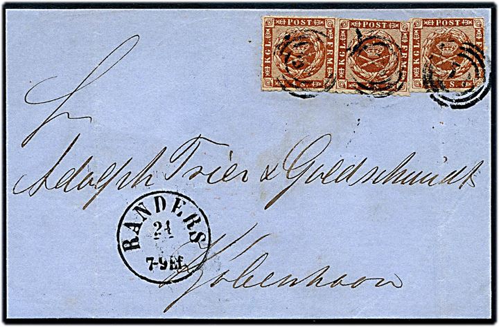 4 sk. stukken kant (3) på brev annulleret med svagt nr.stempel 53 og sidestemplet antiqua Randers d. 24.5.1867 til Kjøbenhavn.