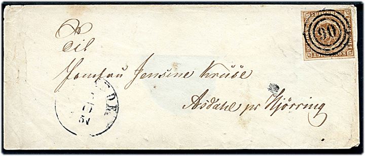 4 R.B.S. Thiele III på brev annulleret med nr.stempel 90 og sidestemplet med svagt 1½ ringsstempel Rönnede d. 5.10.1854 til Asdahl pr. Hjørring.