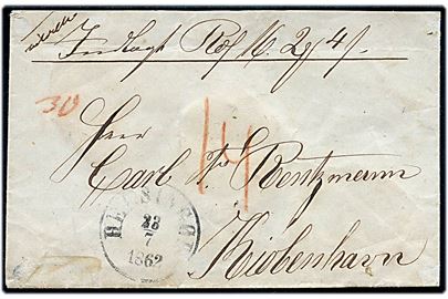 1862. Ufrankeret værdibrev med antiqua Helsingør d. 13.7.1862 til Kjøbenhavn. På bagsiden 2 laksegl fra Helsingør Postkontor. Flere portopåtegninger.