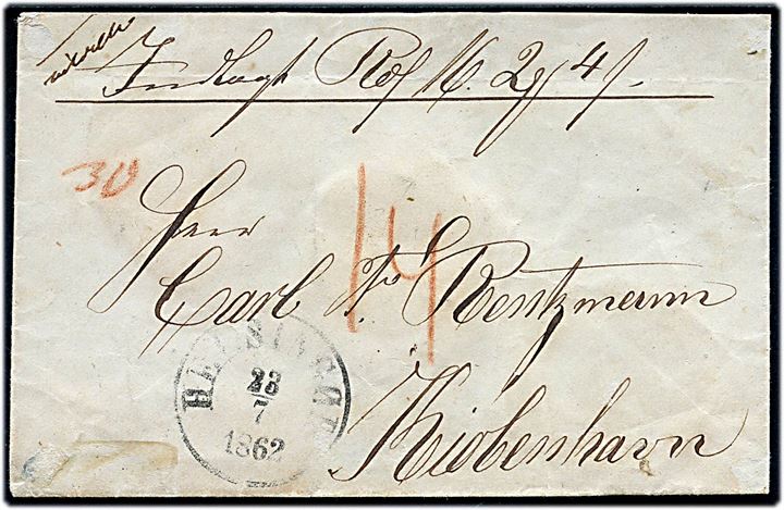 1862. Ufrankeret værdibrev med antiqua Helsingør d. 13.7.1862 til Kjøbenhavn. På bagsiden 2 laksegl fra Helsingør Postkontor. Flere portopåtegninger.