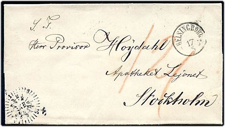 1856. Ufrankeret portobrev med fuldt indhold og Kjøbenhavn kompasstempel d. 16.5.1856 via Helsingborg d. 17.5.1856 til Stockholm, Sverige. Påskrevet 12 sk. svensk porto
