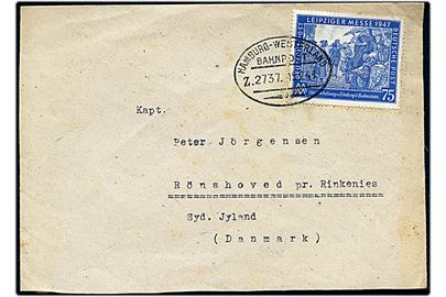 75 pfg. Leipziger Messe 1947 single på brev fra Burg/Ditm. annulleret med bureaustempel Hamburg - Westerland Bahnpost Z.2737 d. 15.2.1948 til Rønshoved pr. Rinkenæs, Danmark.