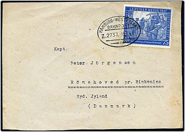 75 pfg. Leipziger Messe 1947 single på brev fra Burg/Ditm. annulleret med bureaustempel Hamburg - Westerland Bahnpost Z.2737 d. 15.2.1948 til Rønshoved pr. Rinkenæs, Danmark.