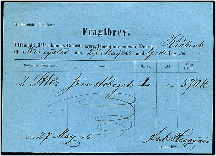 Sjællandske Jernbaner Fragtbrev for forsendelse af gods fra Kjøbenhavn d. 27.5.1865 til Ringsted.