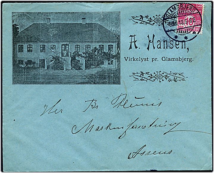 10 øre Bølgelinie på illustreret firmakuvert fra A. Hansen, Virkelyst stemplet Glamsbjerg d. 30.9.1913 til Assens.
