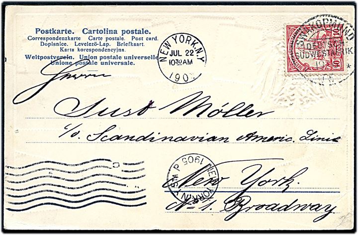 10 pfg. Hohenzollern på brevkort (Frimærker fra Tysk Sydvestafrika) annulleret Swakopmund Deutsch-Südwestafrika d. 19.6.1905 til New York, USA. Ank.stemplet d. 22.7.1905.