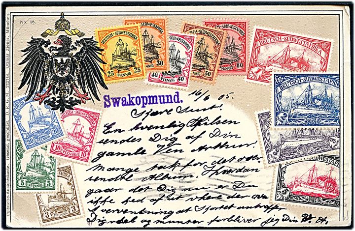 10 pfg. Hohenzollern på brevkort (Frimærker fra Tysk Sydvestafrika) annulleret Swakopmund Deutsch-Südwestafrika d. 19.6.1905 til New York, USA. Ank.stemplet d. 22.7.1905.