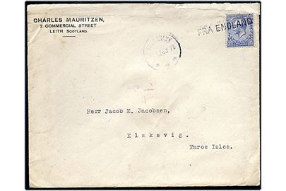 2½d George V på brev fra Leith, Scotland annulleret med skibsstempel Fra England og sidestemplet Thorshavn d. 14.1.1926 til Klaksvig, Færøerne.