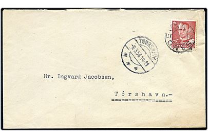 20 øre Fr. IX på brev annulleret med udslebet stjernestempel SANDEVAAG og sidestemplet Thorshavn d. 9.3.1950 til Thorshavn.