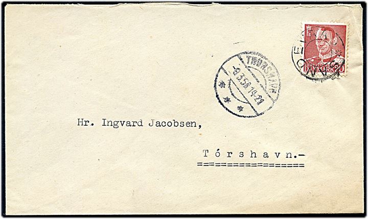 20 øre Fr. IX på brev annulleret med udslebet stjernestempel SANDEVAAG og sidestemplet Thorshavn d. 9.3.1950 til Thorshavn.
