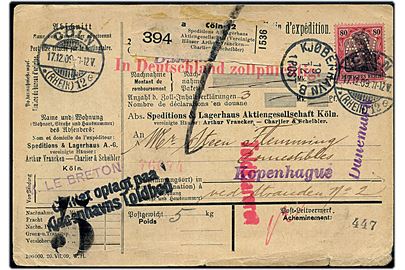 80 pfg. Germania med perfin A.V. (Arthur Vrancken) single på internationalt adressekort for pakke fra Cöln d. 17.12.1909 til København, Danmark. 
