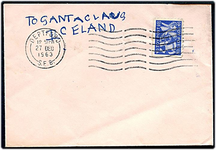 Britisk Børnepost mærke på brev stemplet Deptford d. 27.12.1963 til Santa Claus, Greenland. Ikke udtakseret i porto.