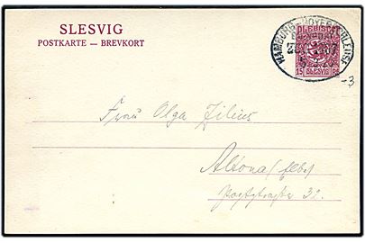 15 pfg. Fælles udg. helsagsbrevkort annulleret med bureaustempel Hamburg - Hoyerschleuse Bahnpost Zug 1007 d. 5.3.1920 til Altona. Meddelelse på bagsiden visket bort.